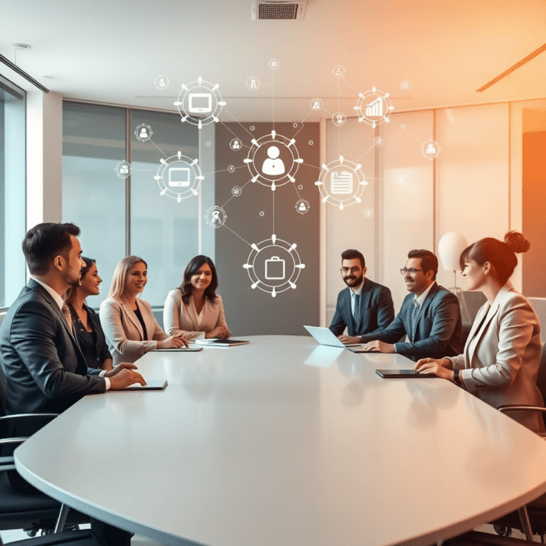 A group of lawyers collaborating around a conference table with digital icons floating above, bathed in warm natural light in a professional office...