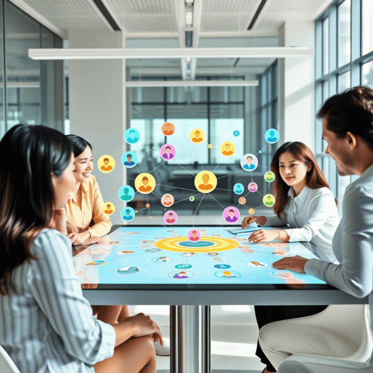 A modern office with professionals collaborating around a digital touchscreen table showing colorful icons, connected nodes, and arrows illustratin...