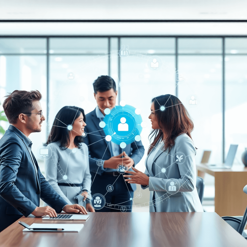A modern workspace with professionals collaborating around a digital holographic interface showing interconnected nodes and icons in a bright, clea...