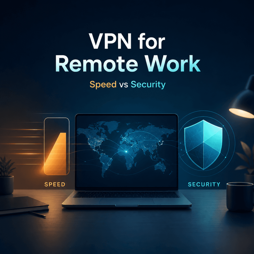 Primary (Exact Match): Best VPN for remote work speed vs security comparison on laptop screen