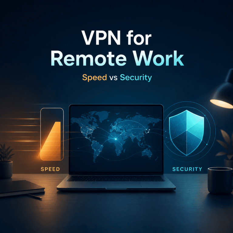 Primary (Exact Match): Best VPN for remote work speed vs security comparison on laptop screen