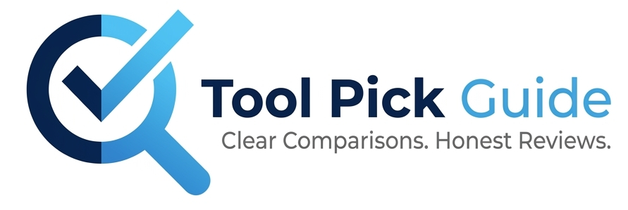 Tool Pick Guide logo featuring a magnifying glass with a checkmark icon next to navy and blue modern sans-serif typography.