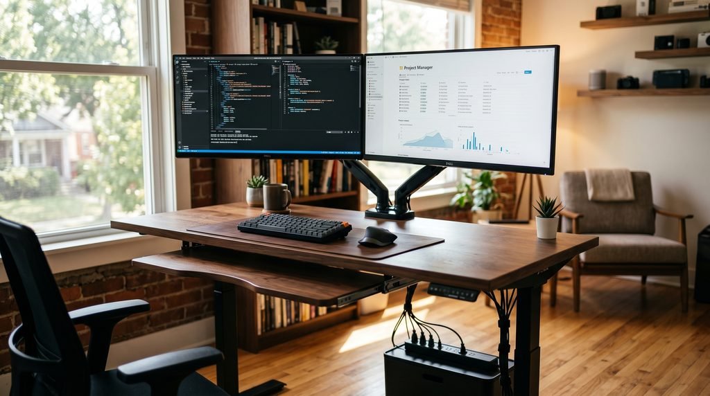 Best budget standing desk that doesnt wobble with dual monitors and walnut top