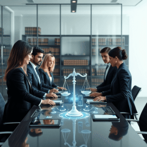 Modern law office with professionals collaborating around a table, digital tablets, holographic case files, scales of justice, and legal books in a...