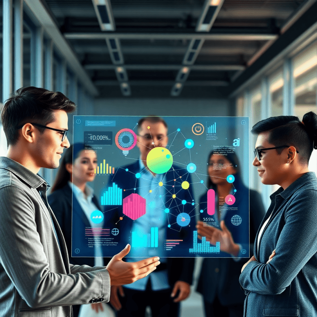 Three professionals collaborating around a large transparent digital touchscreen with colorful graphs and interconnected nodes in a bright, modern ...