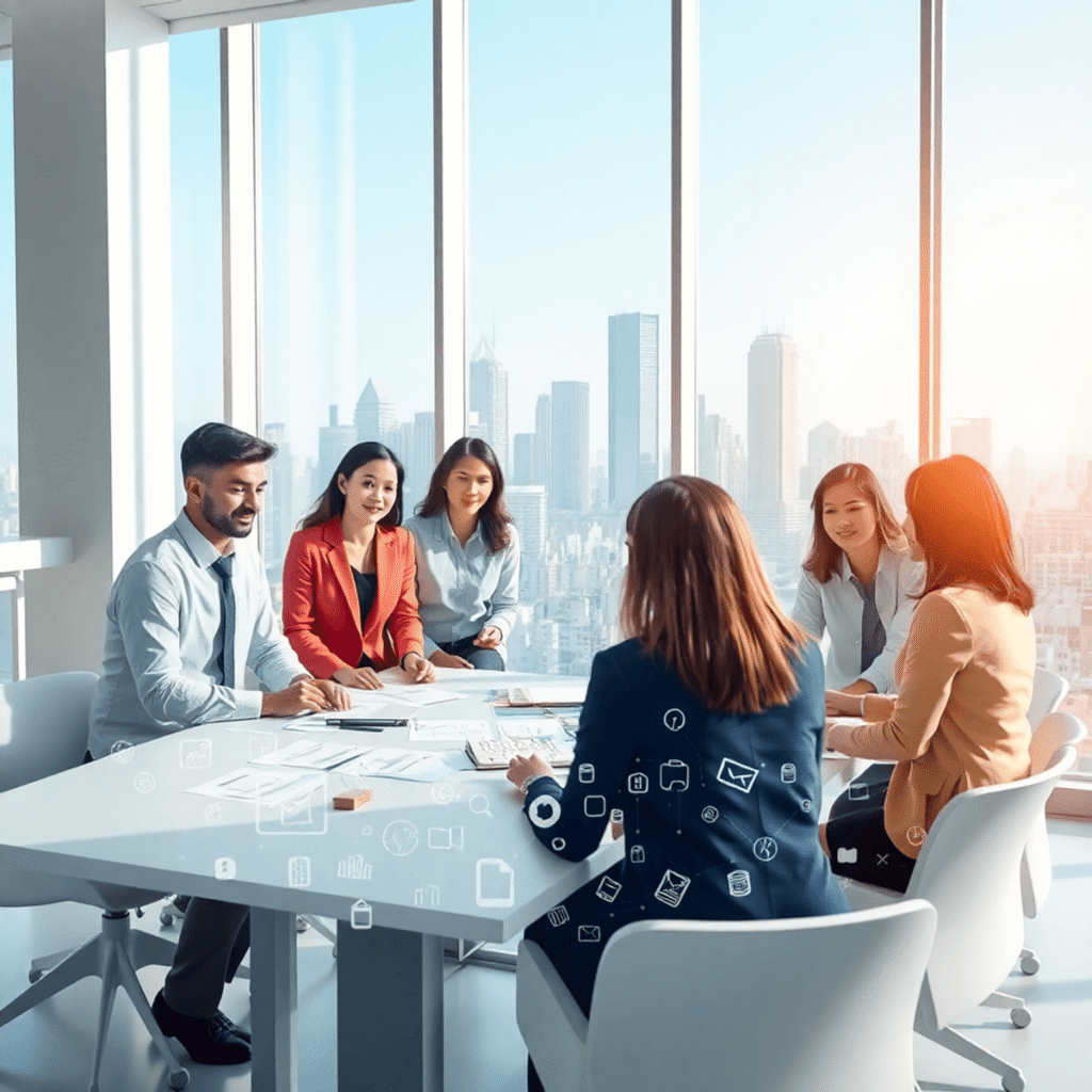 A bright modern office with professionals collaborating around a table covered in digital icons, city skyline visible through large window in the b...