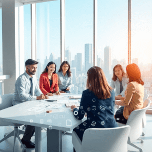 A bright modern office with professionals collaborating around a table covered in digital icons, city skyline visible through large window in the b...