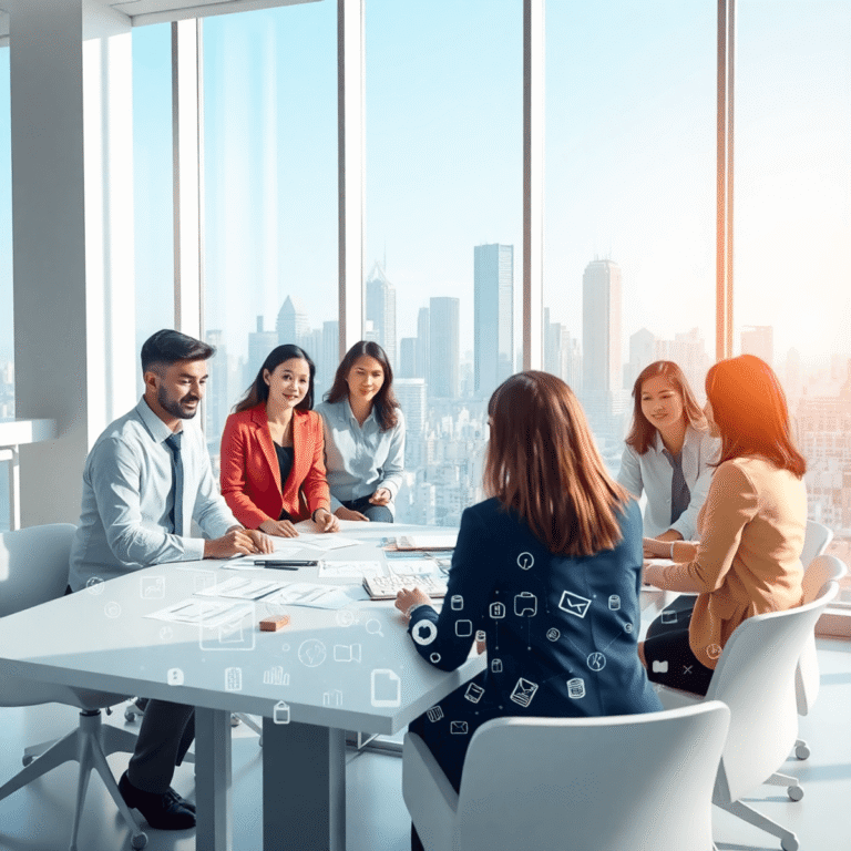 A bright modern office with professionals collaborating around a table covered in digital icons, city skyline visible through large window in the b...