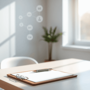 A bright workspace with a clean desk, blank clipboard, pen, natural light, and subtle abstract icons of communication and organization in the backg...