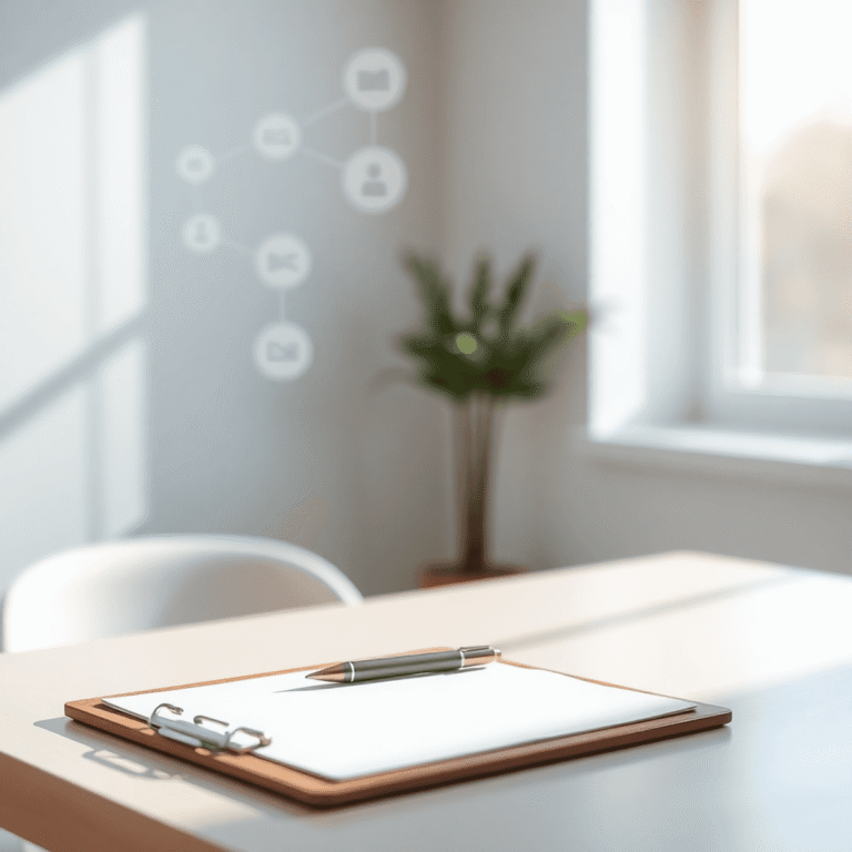 A bright workspace with a clean desk, blank clipboard, pen, natural light, and subtle abstract icons of communication and organization in the backg...