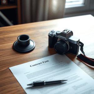 A wooden desk with a camera, pen, and blank contract paper under soft natural light, representing photography and legal agreements.